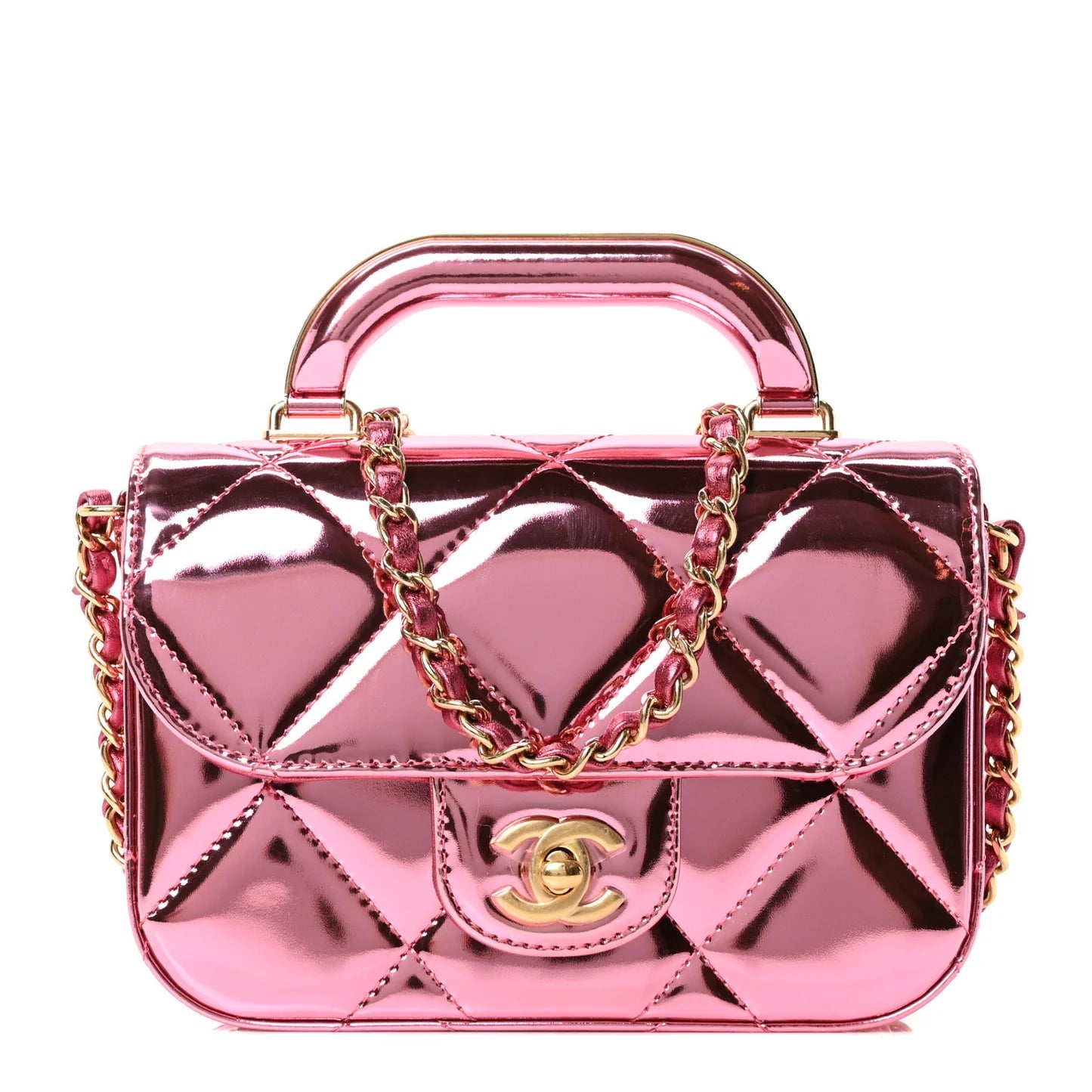 Chanel  glossy metallic mirror Flap Bag with Top Handle in calfskin