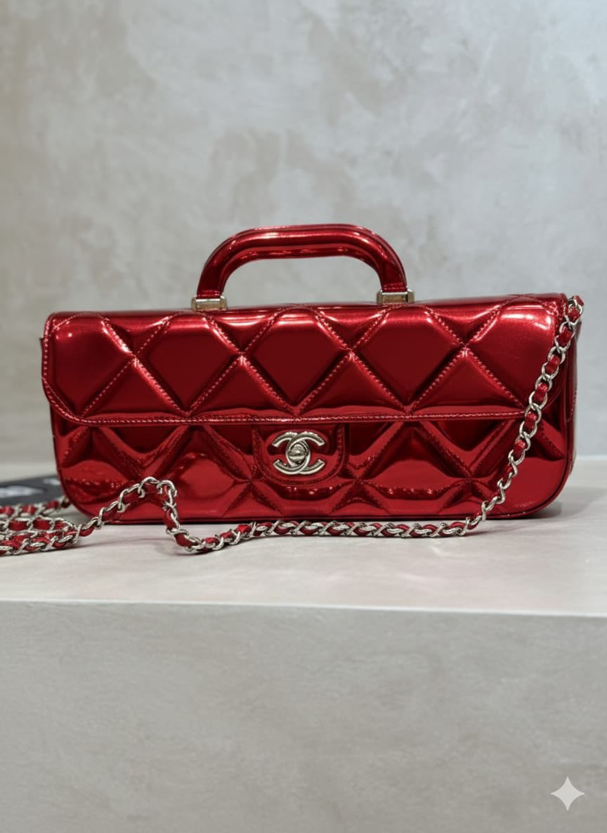 Chanel  glossy metallic mirror Flap Bag with Top Handle in calfskin