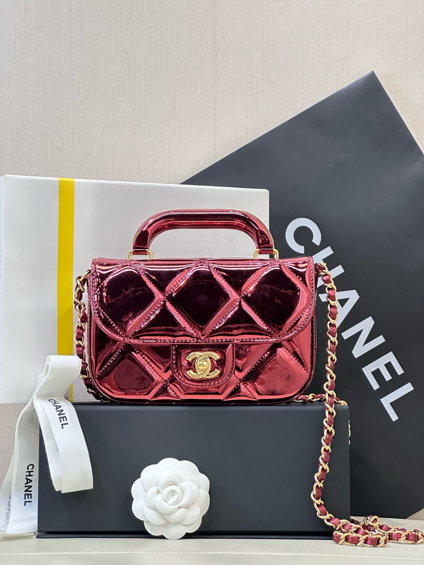 Chanel  glossy metallic mirror Flap Bag with Top Handle in calfskin