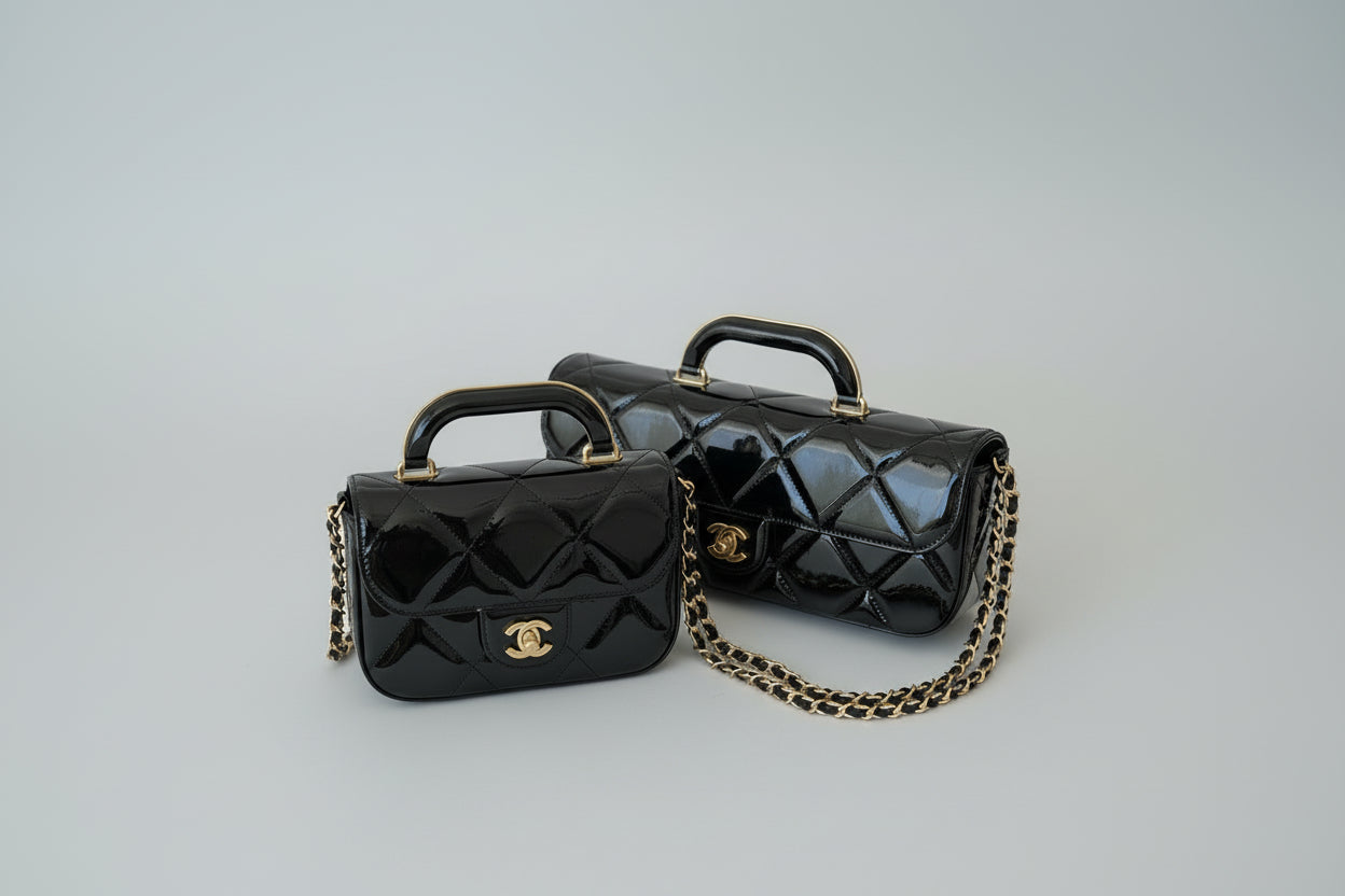 Chanel  glossy metallic mirror Flap Bag with Top Handle in calfskin