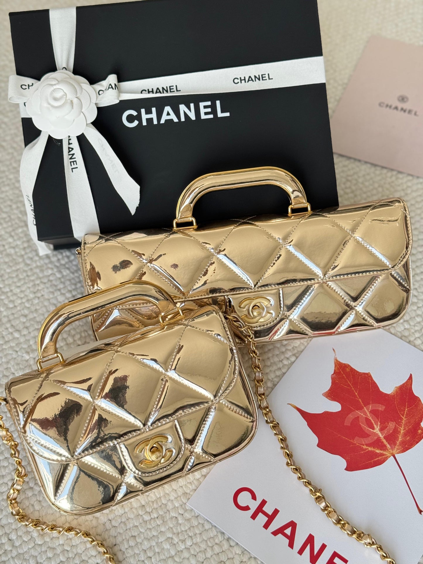 Chanel  glossy metallic mirror Flap Bag with Top Handle in calfskin