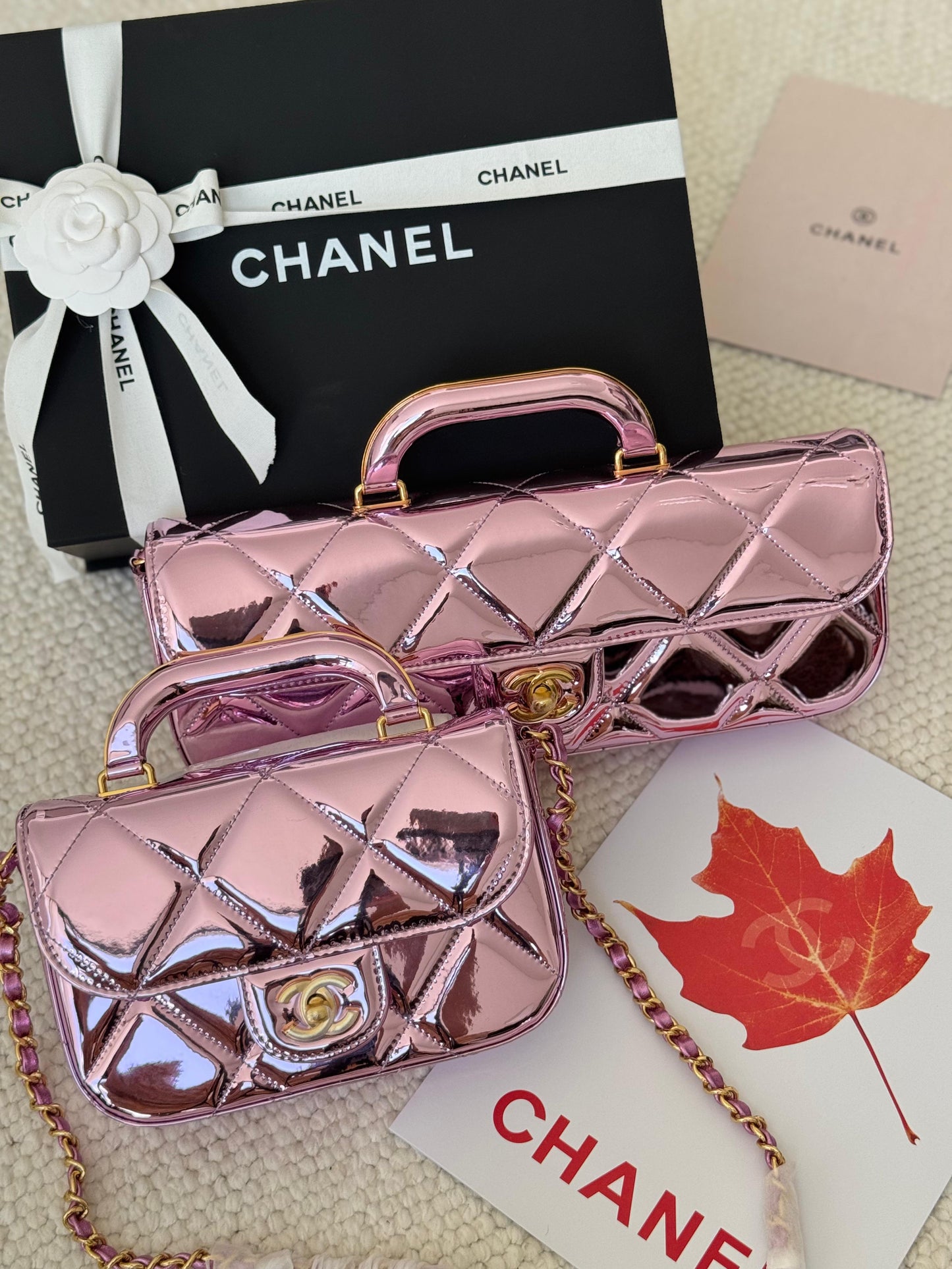 Chanel  glossy metallic mirror Flap Bag with Top Handle in calfskin