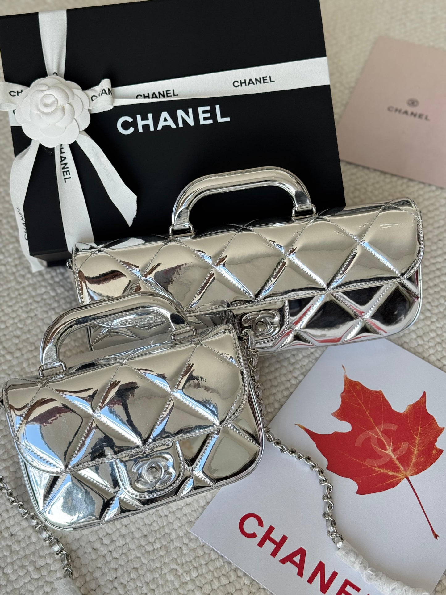 Chanel  glossy metallic mirror Flap Bag with Top Handle in calfskin