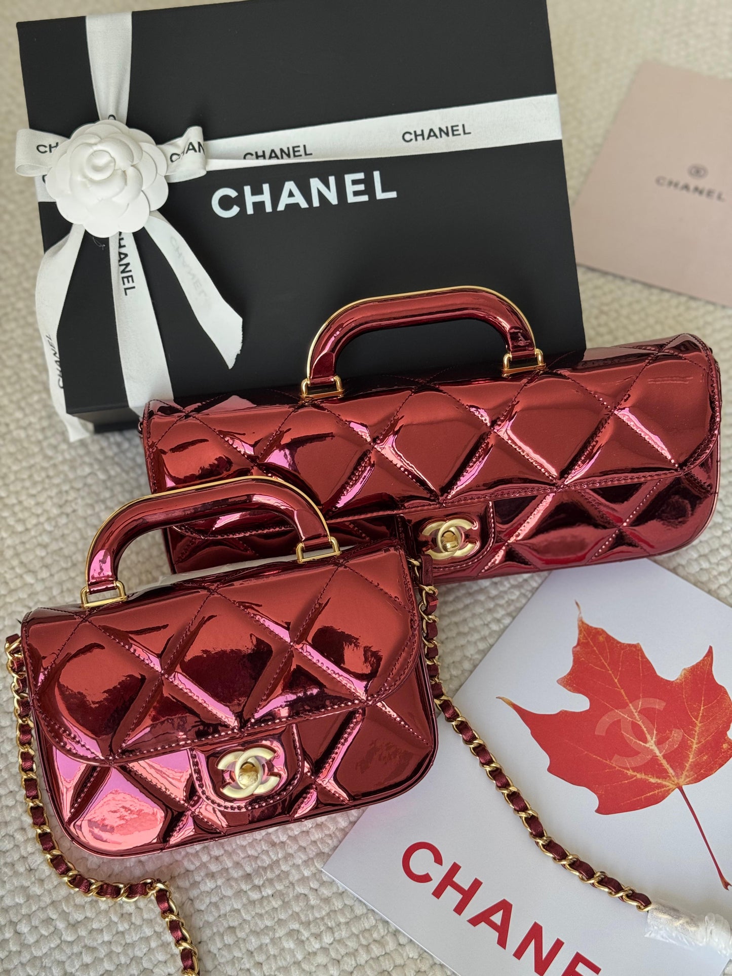 Chanel  glossy metallic mirror Flap Bag with Top Handle in calfskin